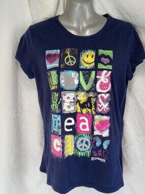 Justice T Shirt Girls 18 Graphic Tee Peace Love Happy Blue Toppers Cotton